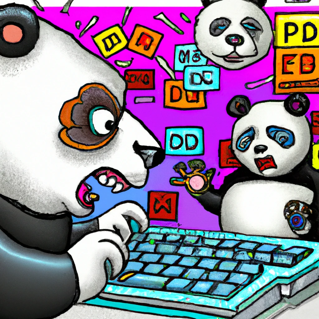 An expressive, brightly coloured cartoon of a panda angrily typing at a computer with robots dancing on the computer screen